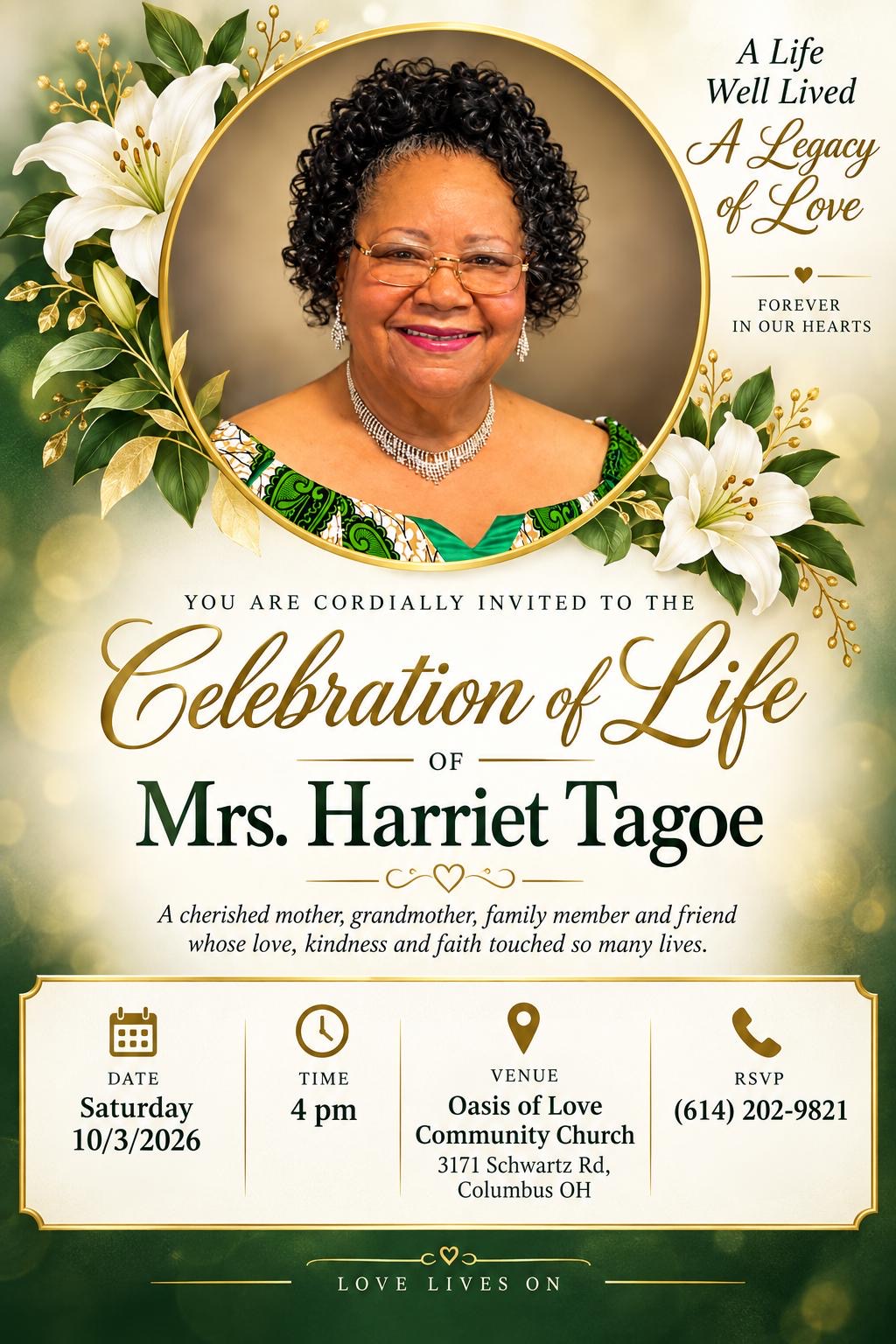 Celebration of life invitation for Mrs. Harriet Tagoe